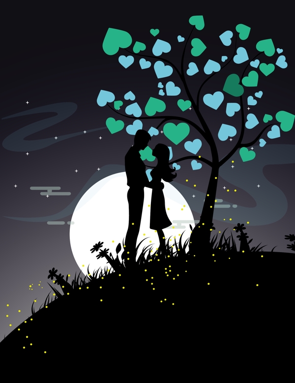 黑夜爱心树下的情侣背景图