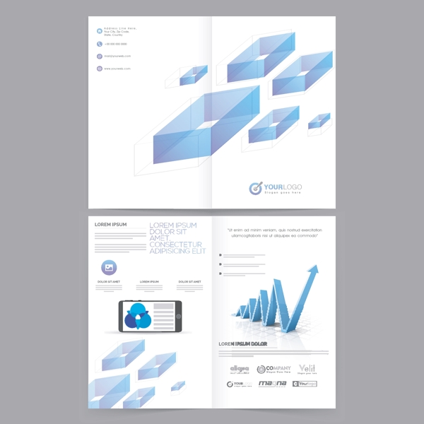 企业年度报告的小册子蓝色抽象的几何元素和图表增长箭公司模板布局