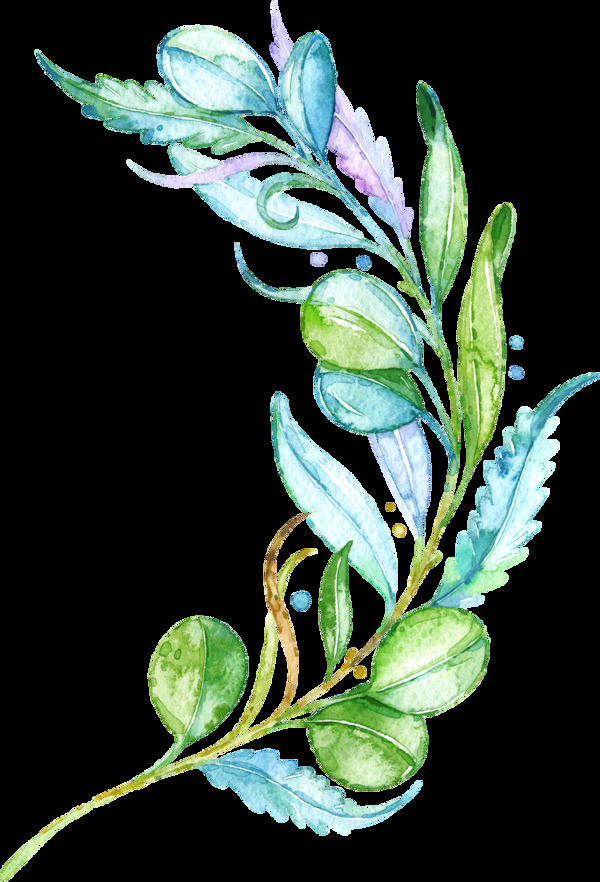 弧形绿色植物卡通水彩透明素材