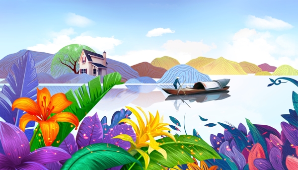 彩绘花丛湖面船只壁纸背景素材