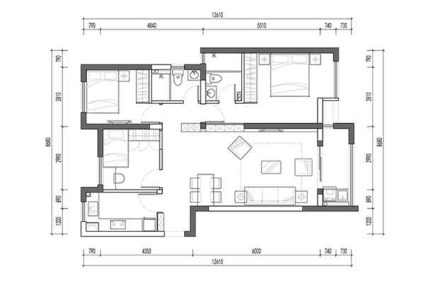 CAD三室两厅高层户型平面布置图