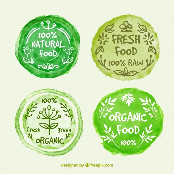 4款绿色水彩绘有机食物徽章矢量素材