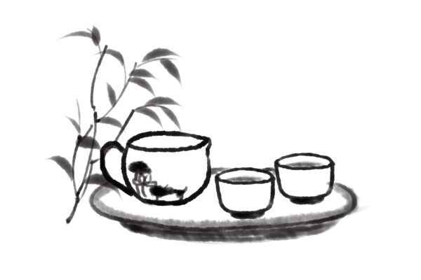 手绘黑白画茶具插画