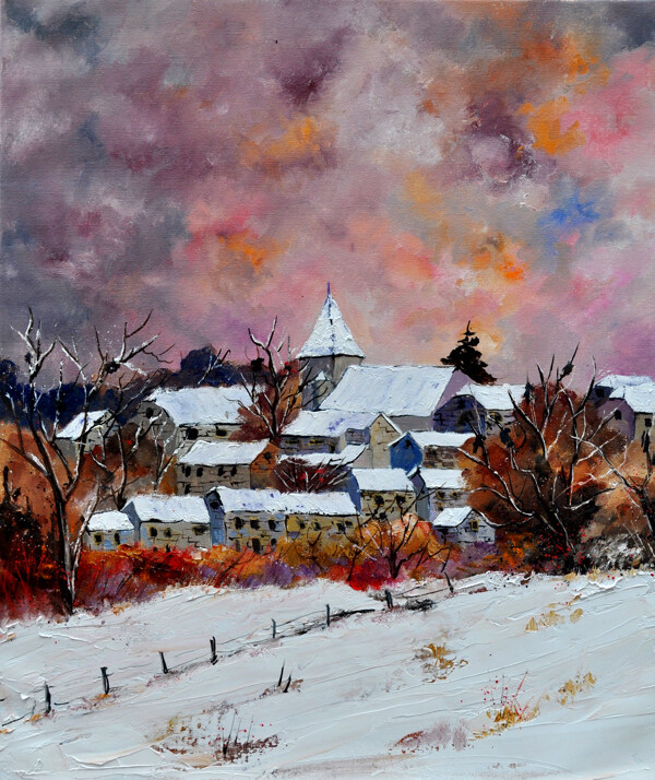油画冬季村庄图片