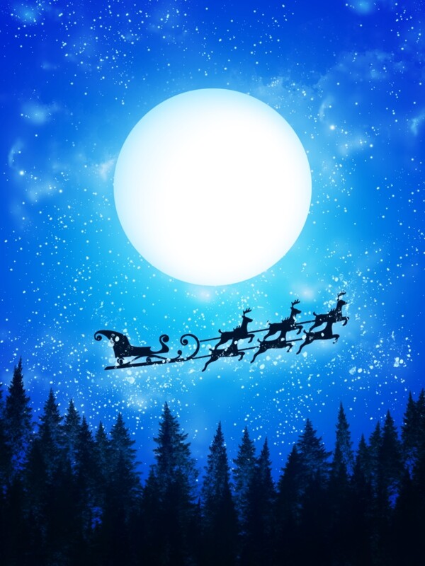 纯原创手绘森林的夜晚圣诞节卡通蓝色背景