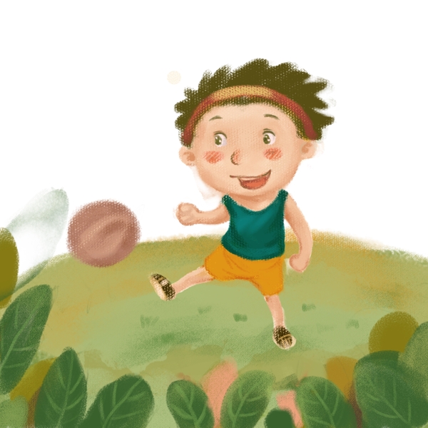 踢足球的小男孩小草地开心玩耍草原踢球