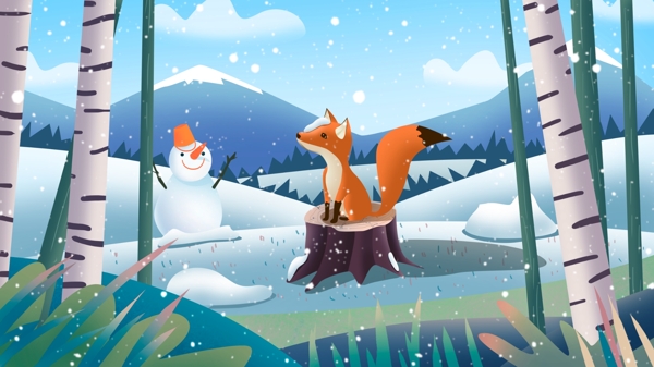 冬天树桩上的小狐狸