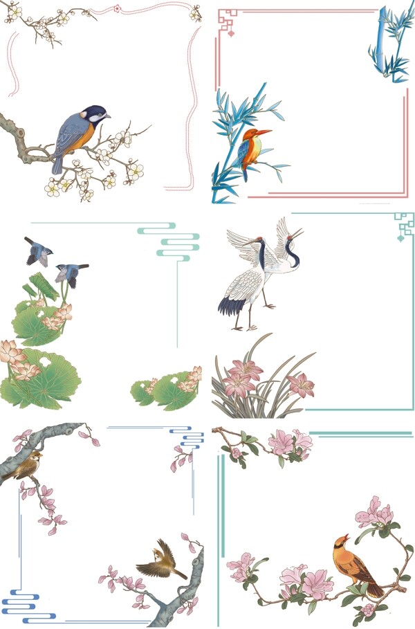 边框合集中国风插画花鸟壁画复古装饰