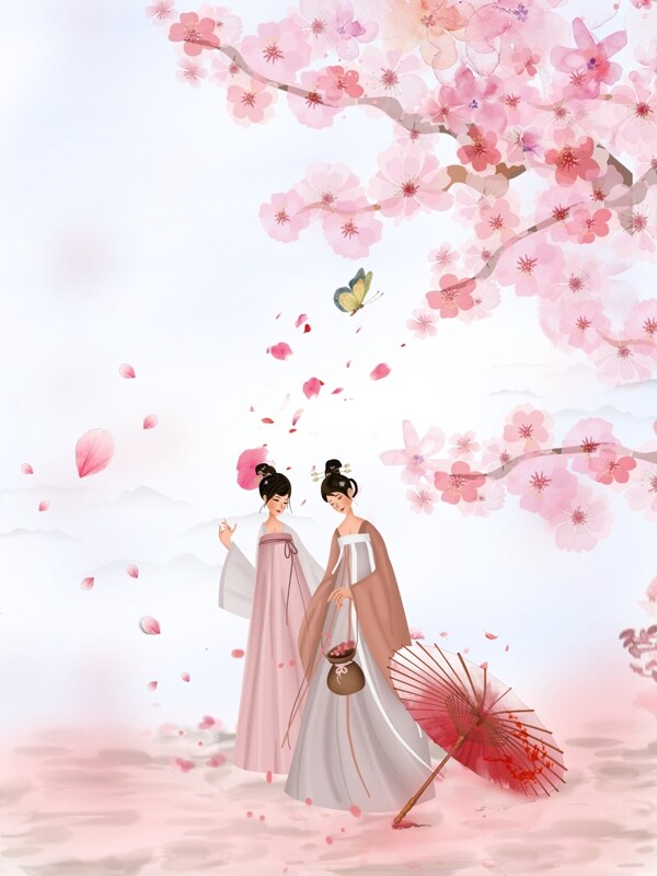 樱花节樱花树下仙女拾花背景