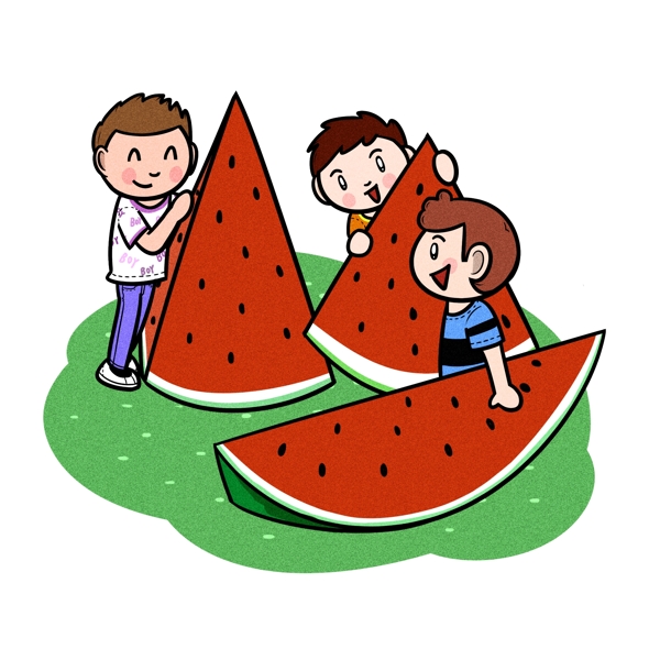 卡通儿童夏天吃大块西瓜png透明底