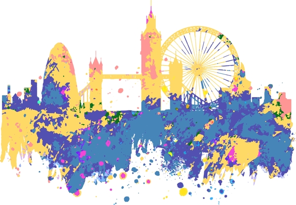 伦敦城市建筑彩色泼墨剪影装饰图案设计元素