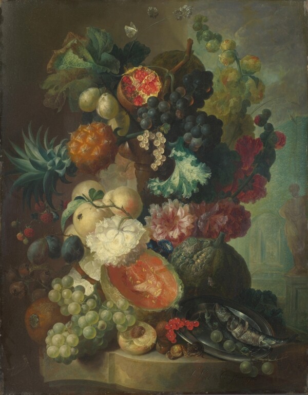 JanvanOsFruitFlowersandaFish花卉水果蔬菜器皿静物印象画派写实主义油画装饰画