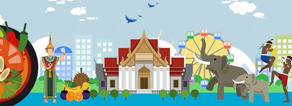 手绘泰国城市建筑电商淘宝背景