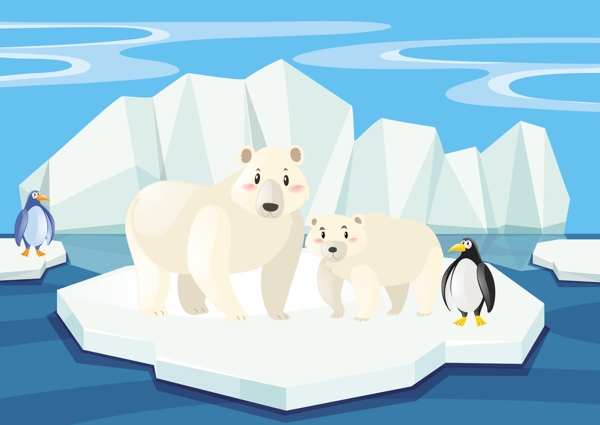 冰山上的北极熊和企鹅的场景