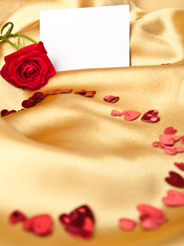 丝绸上的玫瑰花与贺卡图片