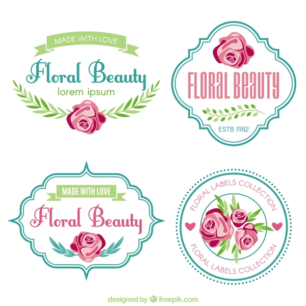 四个可爱的粉红色的花朵标签图标