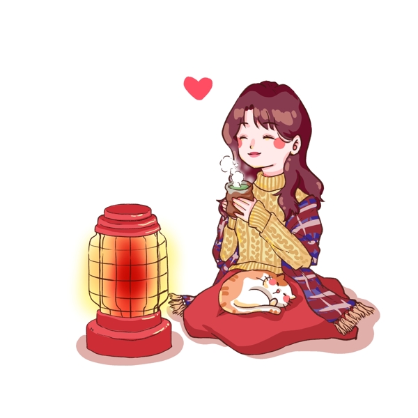 冬日里在家逗猫喝热茶取暖的少女