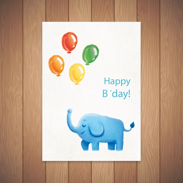 彩绘气球束和大象生日贺卡