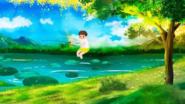 夏至小清新插画夏天河边钓鱼的男孩插画