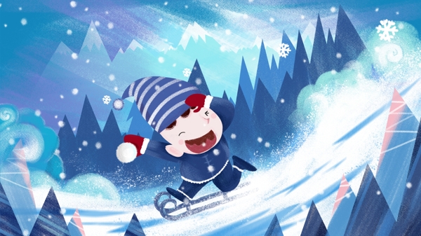 冬季场景滑雪少年肌理插画