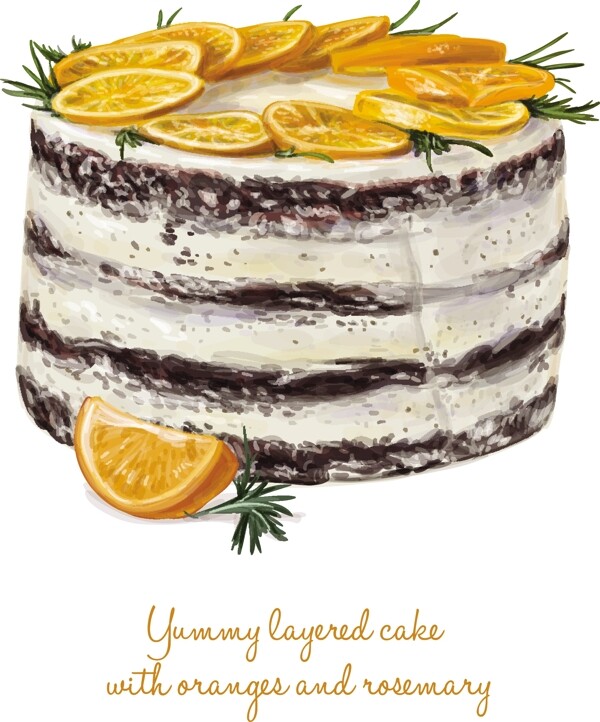 美味的夹心蛋糕配橙子和迷迭香