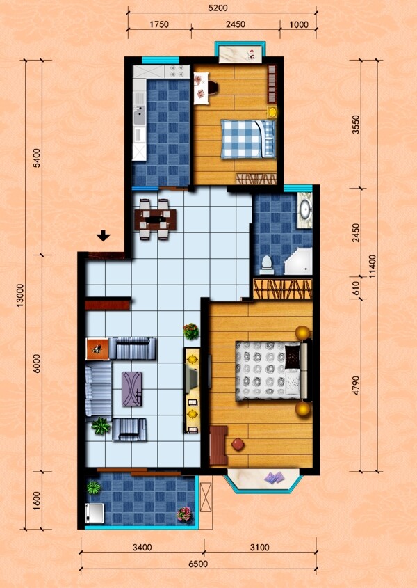 两室两厅PSD彩平图