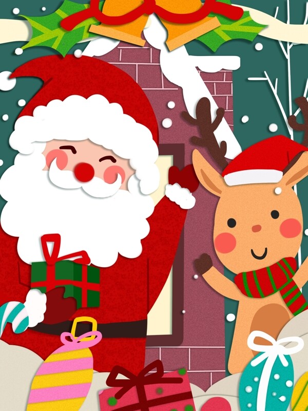 圣诞节圣诞老人与鹿可爱温暖剪纸风温馨插画