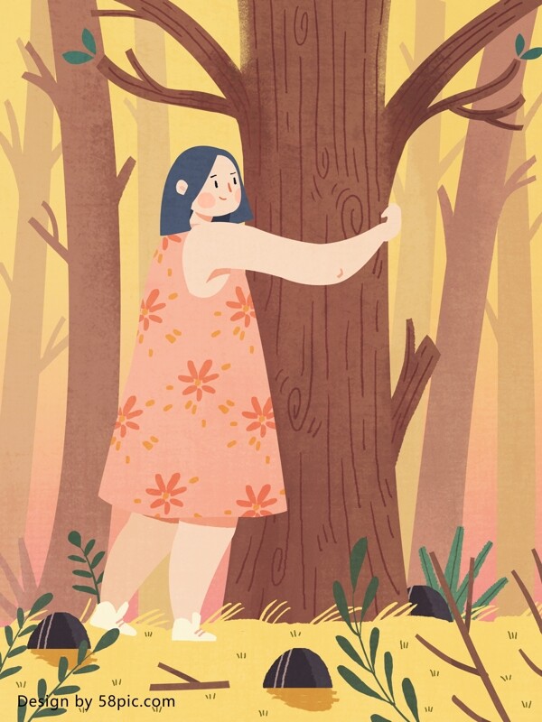 爱护环境拥抱大树的女孩