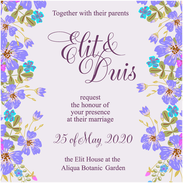 紫色水彩花朵婚礼邀请函图片