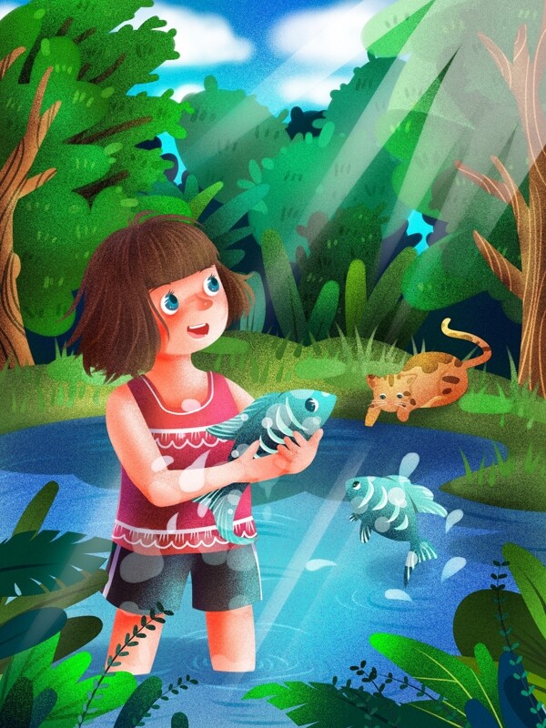 立夏节气清凉池塘捉鱼的女孩小清新原创插画