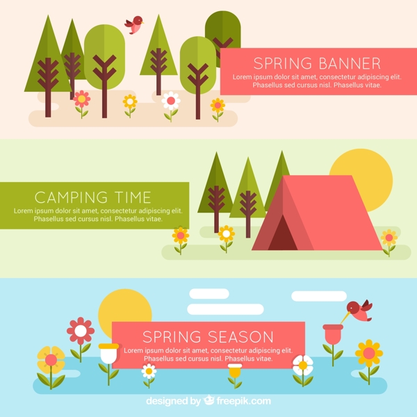 3款春季风景和露营banner矢量素材