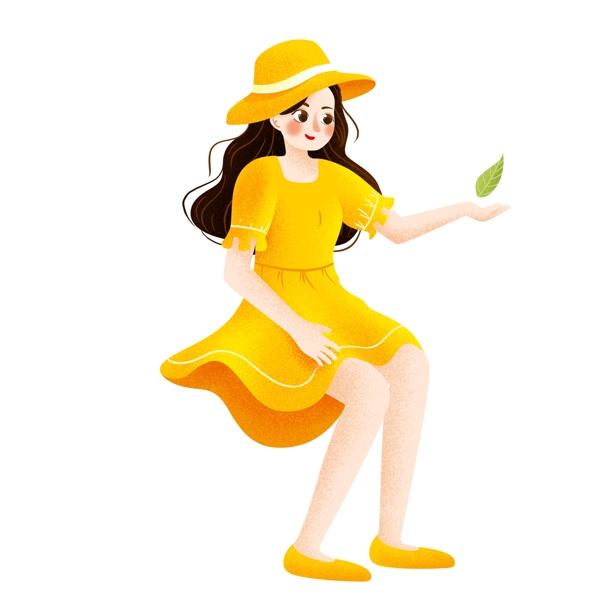 清新可爱穿着黄色连衣裙的少女手绘设计