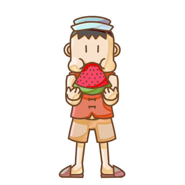 吃西瓜的小男孩插画