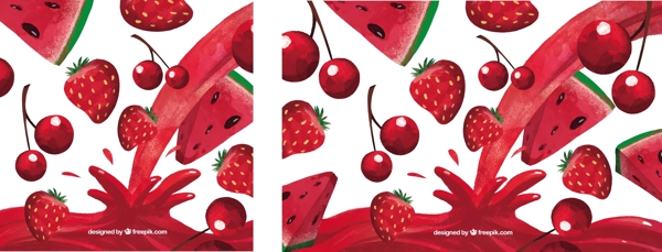 与西瓜汁背景水彩画风格的樱桃和草莓