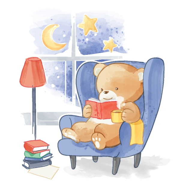 卡通沙发上看书的熊