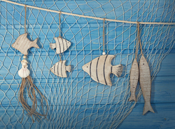 蓝色木板前的渔网和鱼图片