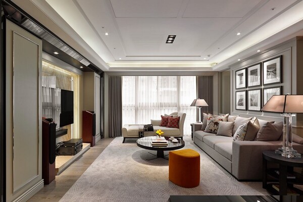 现代时尚客厅橙色凳子室内装修效果图