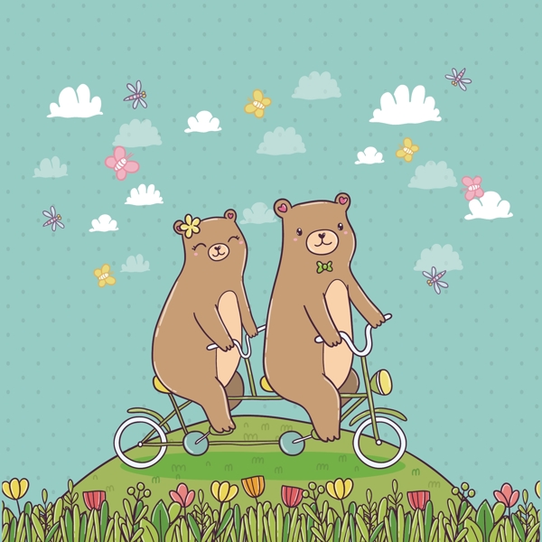 郊外骑双人自行车的情侣熊矢量图