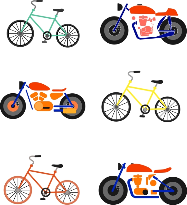 交通工具多彩摩托自行车图标设计