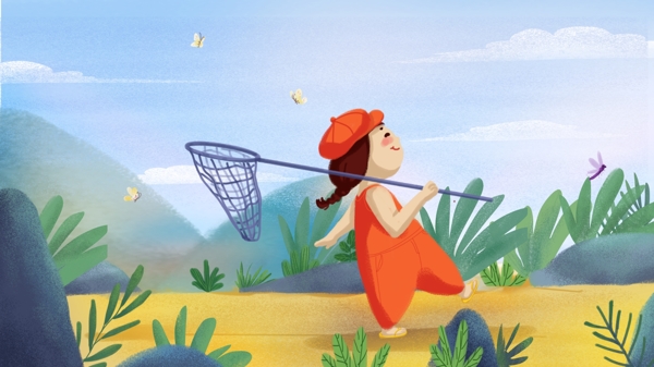 夏天悠闲走在丛林中蜻蜓蝴蝶围绕的女孩