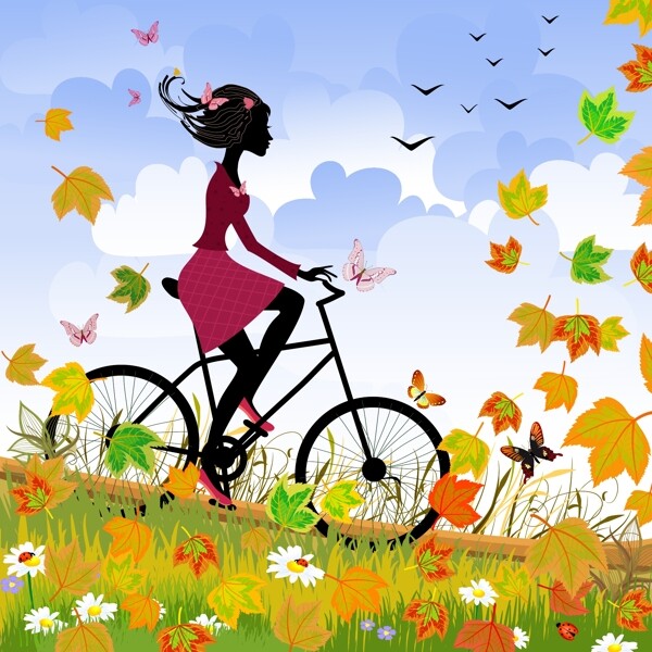 秋天骑着自行车的美女图片