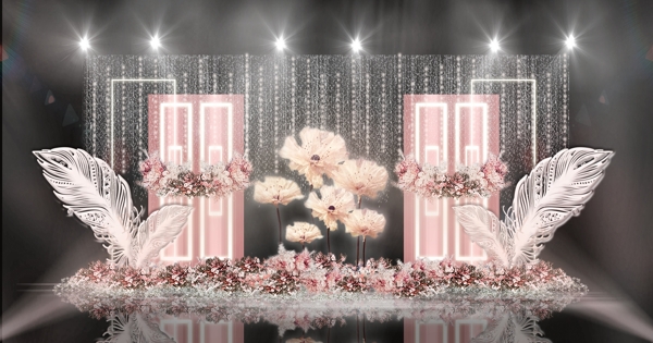 粉色轻奢雕刻门板质感花朵雕塑婚礼效果图
