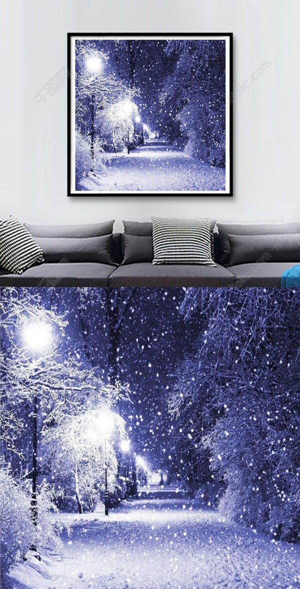 方图蓝色冬季夜景客厅装饰画