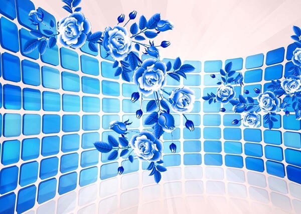 方块蓝色牡丹花背景墙