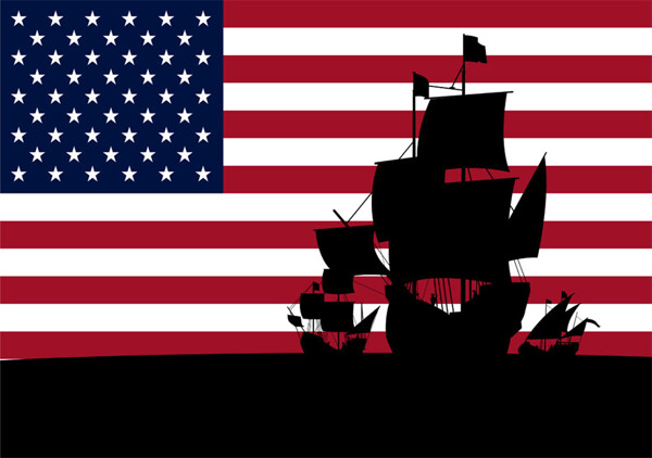 美国国旗上的船只黑影图片