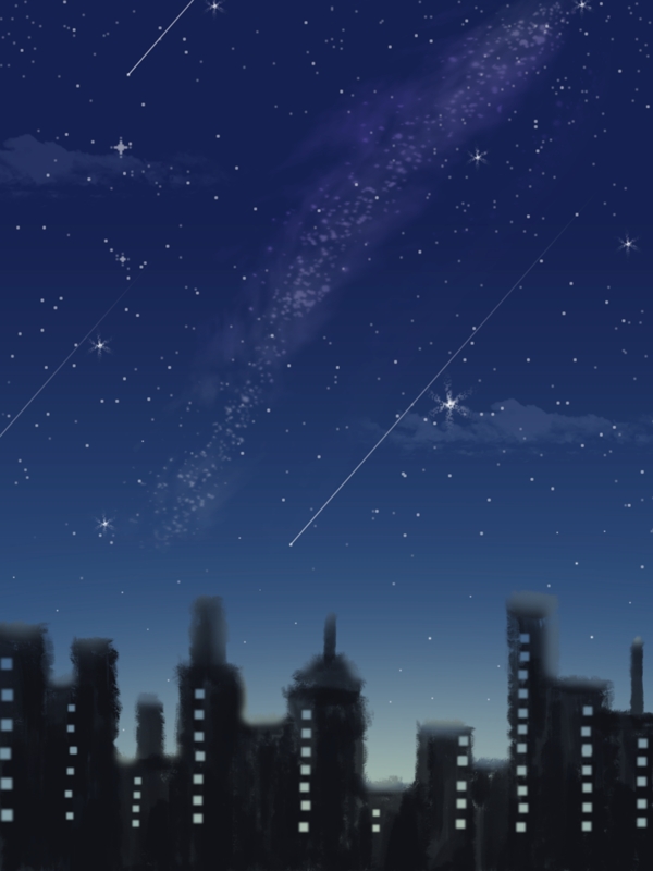 原创手绘风城市星空流星深蓝色夜空背景