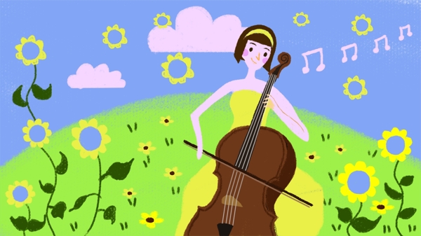 原创蓝天白云绿草地下拉大提琴的美丽女孩