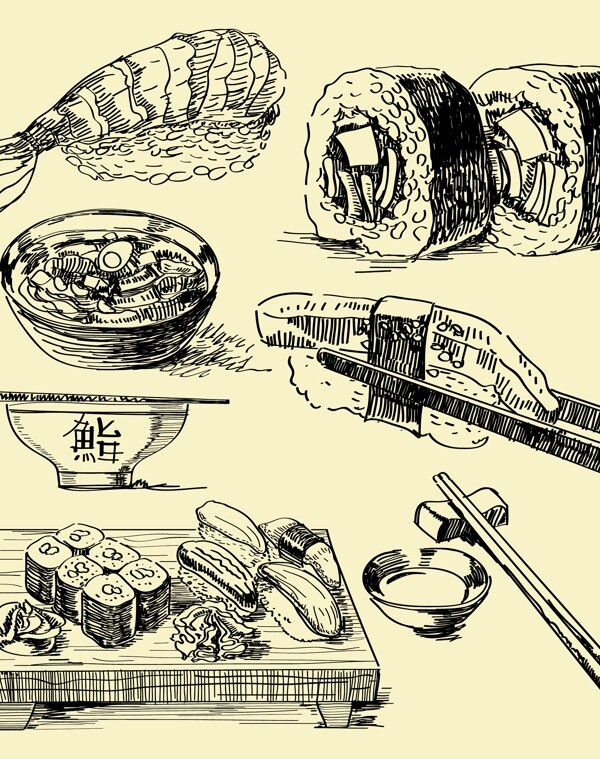 黑白手绘日本寿司插画