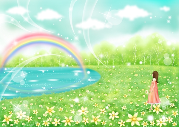 女孩在湖边看彩虹水彩风格