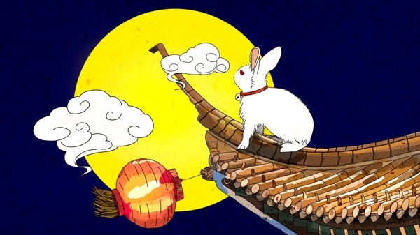 原创中秋节赏月古典屋檐上的兔子插画